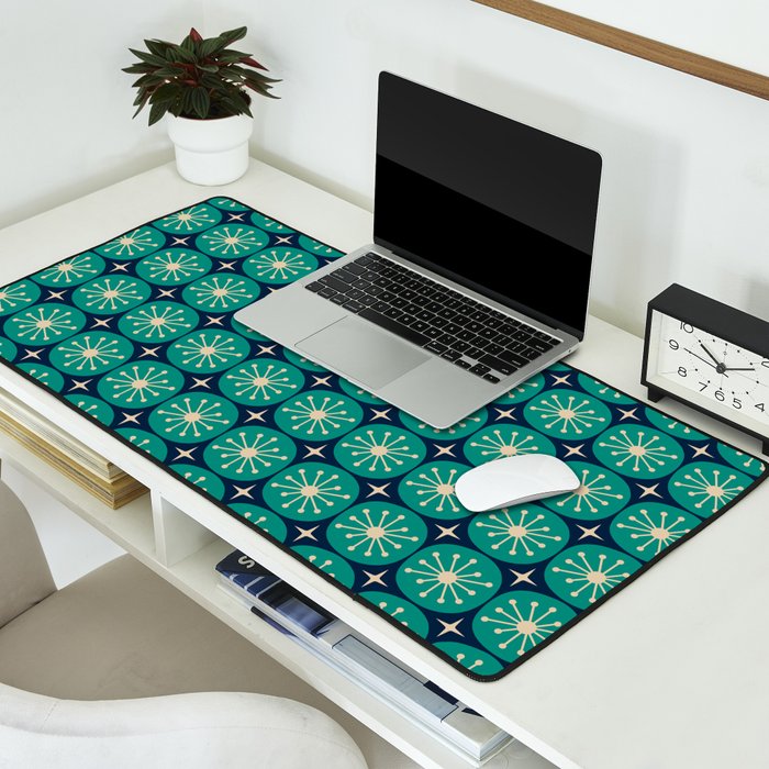 Mid Century Modern Atomic Dots and Stars Retro Pattern 2 in Mid Mod Teal Turquoise Navy Blue Beige Desk Mat Gallery Image 2
