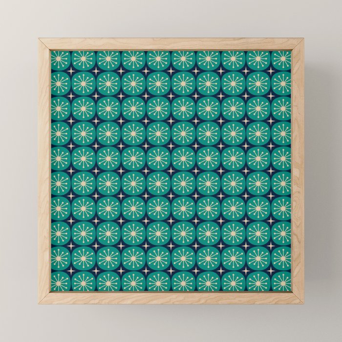 Mid Century Modern Atomic Dots and Stars Retro Pattern 2 in Mid Mod Teal Turquoise Navy Blue Beige Mini Art Print Gallery Image 1