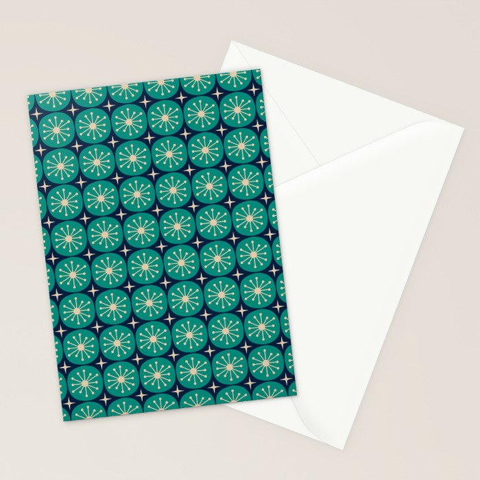 Mid Century Modern Atomic Dots and Stars Retro Pattern 2 in Mid Mod Teal Turquoise Navy Blue Beige Stationery Card Gallery Image 2