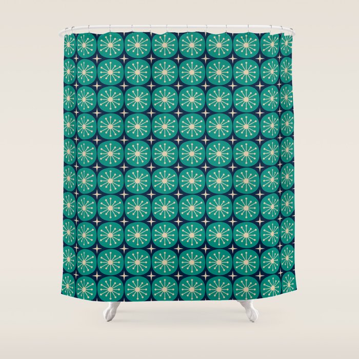 Mid Century Modern Atomic Dots and Stars Retro Pattern 2 in Mid Mod Teal Turquoise Navy Blue Beige Shower Curtain Gallery Image 1