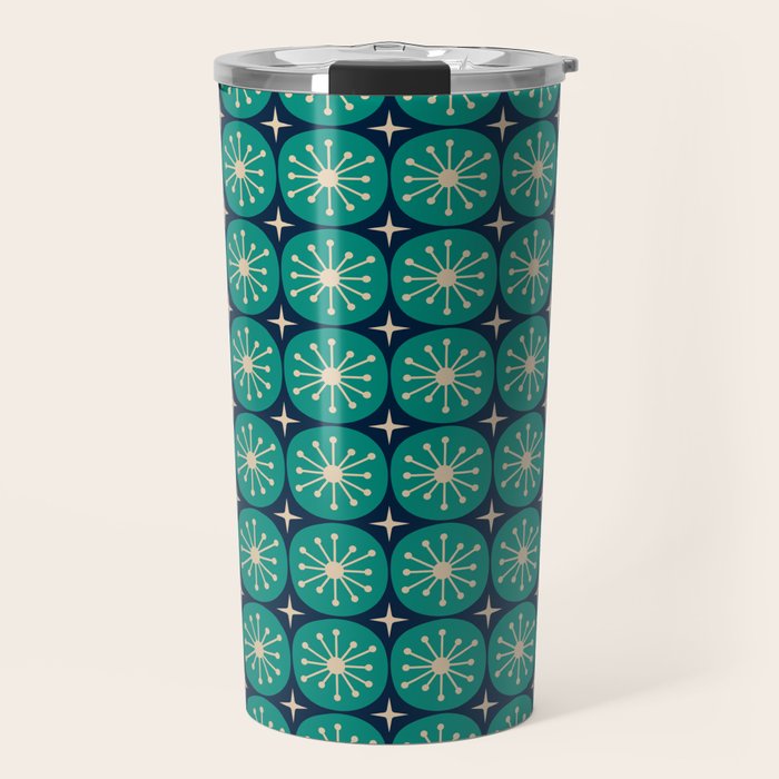 Mid Century Modern Atomic Dots and Stars Retro Pattern 2 in Mid Mod Teal Turquoise Navy Blue Beige Travel Mug Gallery Image 1