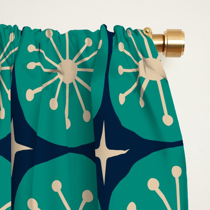 Mid Century Modern Atomic Dots and Stars Retro Pattern 2 in Mid Mod Teal Turquoise Navy Blue Beige Window Curtain Gallery Image 2