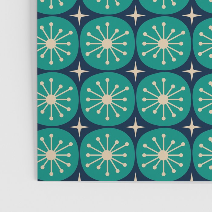 Mid Century Modern Atomic Dots and Stars Retro Pattern 2 in Mid Mod Teal Turquoise Navy Blue Beige Poster Gallery Image 3