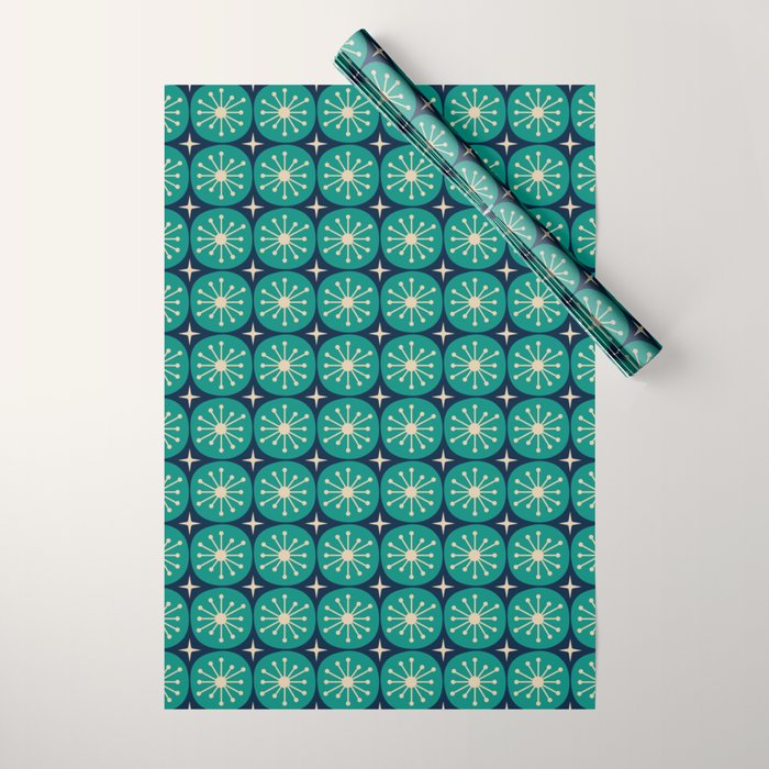 Mid Century Modern Atomic Dots and Stars Retro Pattern 2 in Mid Mod Teal Turquoise Navy Blue Beige Wrapping Paper Gallery Image 1