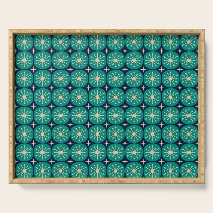 Mid Century Modern Atomic Dots and Stars Retro Pattern 2 in Mid Mod Teal Turquoise Navy Blue Beige Serving Tray Gallery Image 1