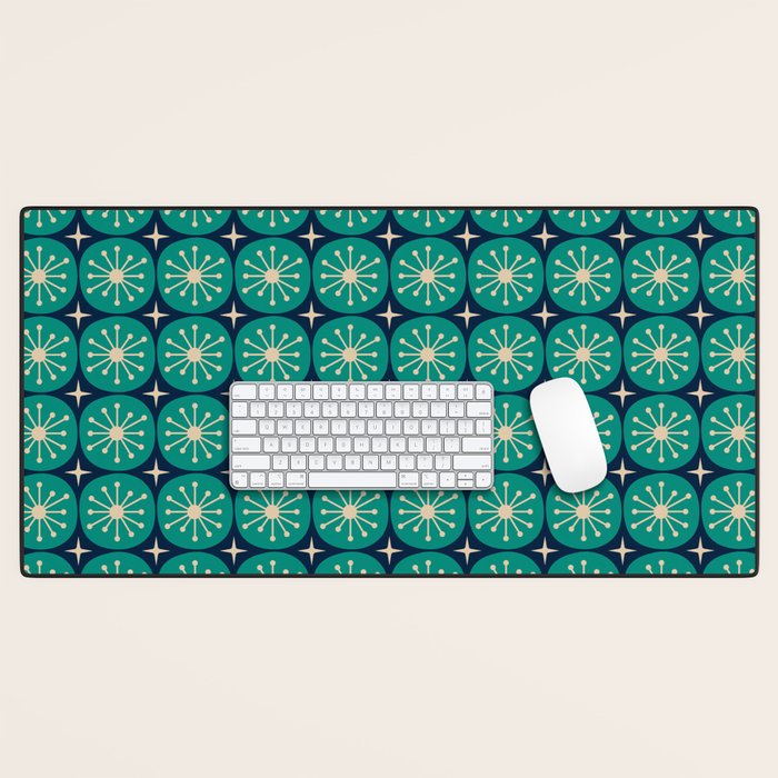 Mid Century Modern Atomic Dots and Stars Retro Pattern 2 in Mid Mod Teal Turquoise Navy Blue Beige Desk Mat Gallery Image 1
