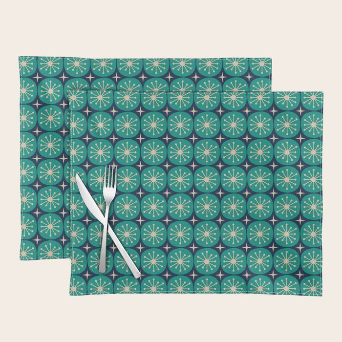 Mid Century Modern Atomic Dots and Stars Retro Pattern 2 in Mid Mod Teal Turquoise Navy Blue Beige Placemat Gallery Image 1