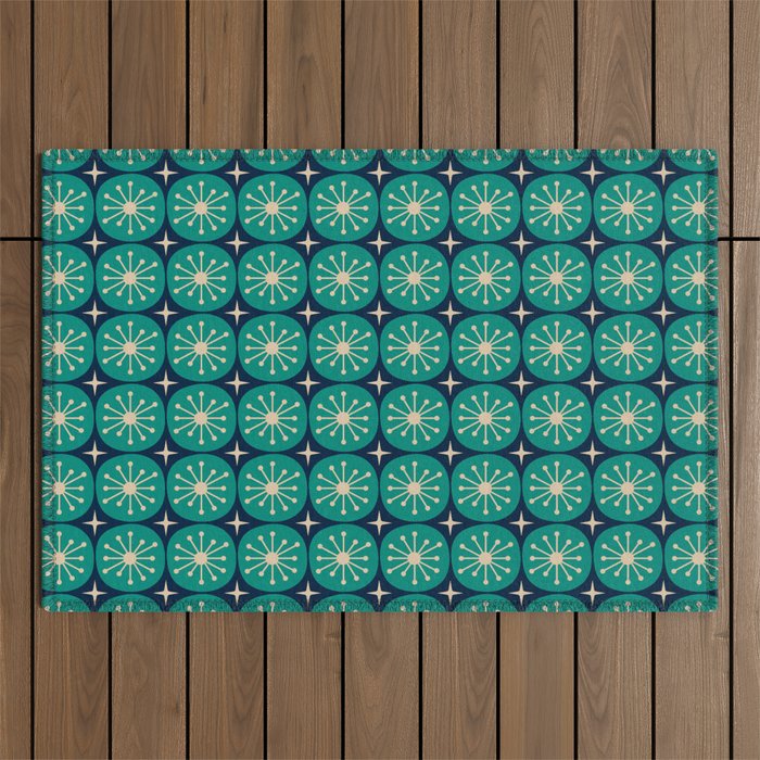 Mid Century Modern Atomic Dots and Stars Retro Pattern 2 in Mid Mod Teal Turquoise Navy Blue Beige Outdoor Rug Gallery Image 1