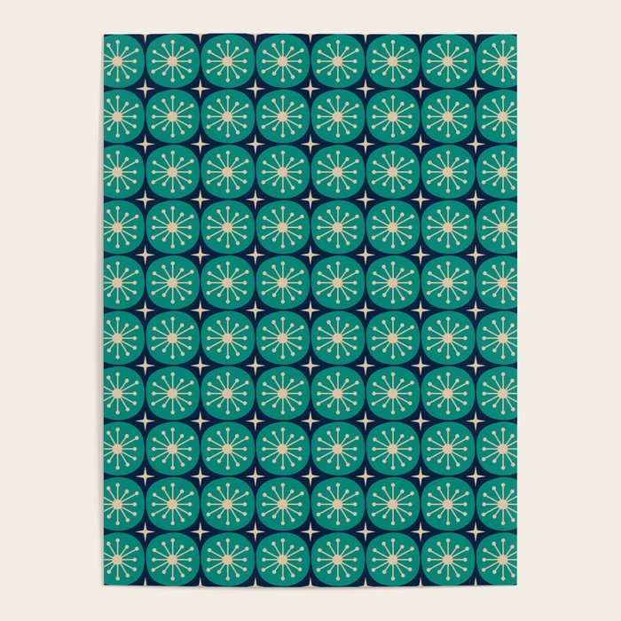 Mid Century Modern Atomic Dots and Stars Retro Pattern 2 in Mid Mod Teal Turquoise Navy Blue Beige Poster Gallery Image 4