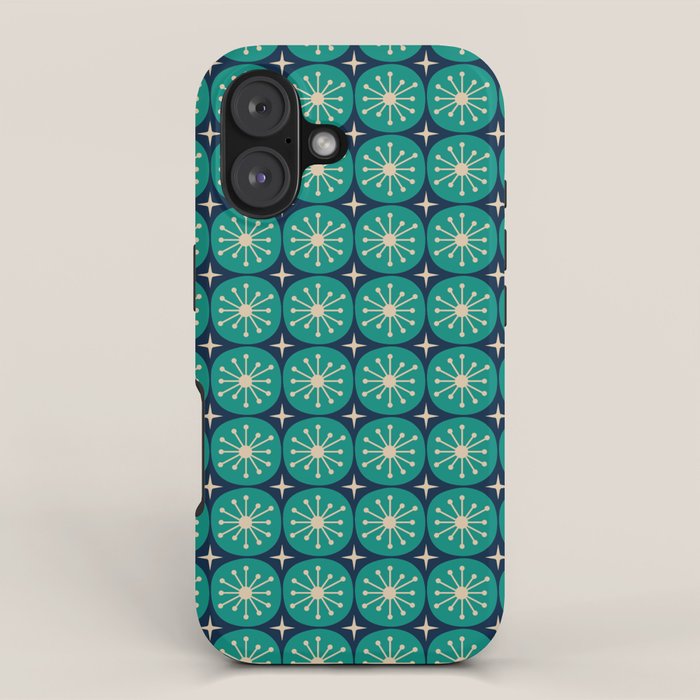 Mid Century Modern Atomic Dots and Stars Retro Pattern 2 in Mid Mod Teal Turquoise Navy Blue Beige iPhone Case Gallery Image 1