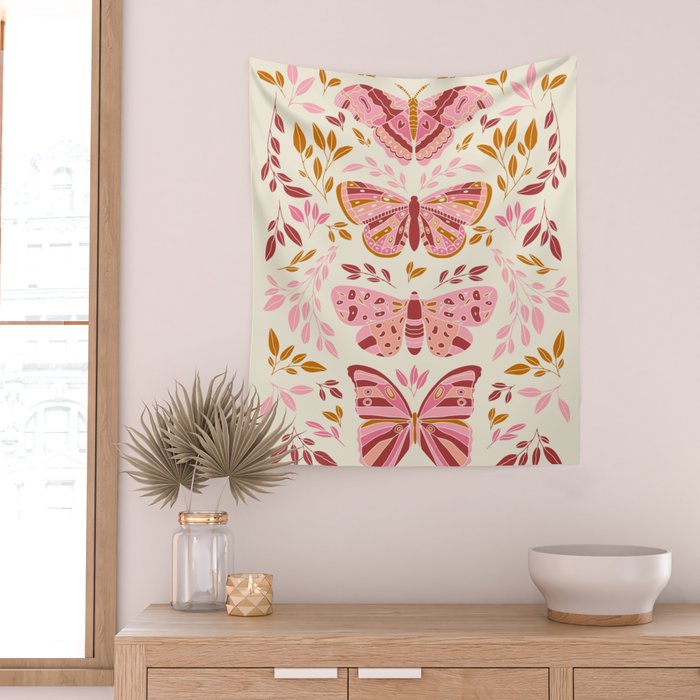 Vintage Butterflies Pink  Wall Tapestry Gallery Image 2