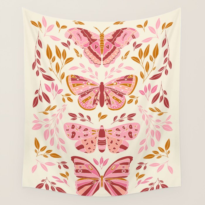 Vintage Butterflies Pink  Wall Tapestry Gallery Image 1