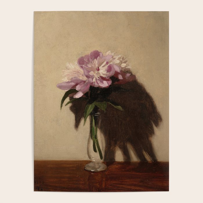 Vintage Still Life with Pink Peonies in Glass Vase Moody Floral Poster Gallery Image 1