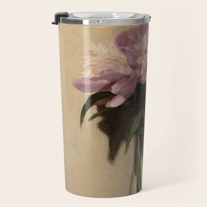 Vintage Still Life with Pink Peonies in Glass Vase Moody Floral Travel Mug Gallery Image 3