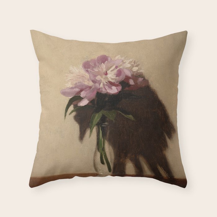 Vintage Still Life with Pink Peonies in Glass Vase Moody Floral Throw Pillow Gallery Image 6