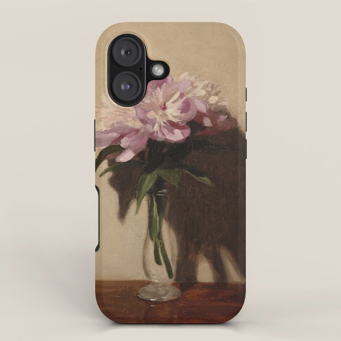 Vintage Still Life with Pink Peonies in Glass Vase Moody Floral iPhone Case Gallery Image 1