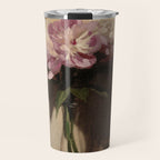Vintage Still Life with Pink Peonies in Glass Vase Moody Floral Travel Mug Gallery Image 1