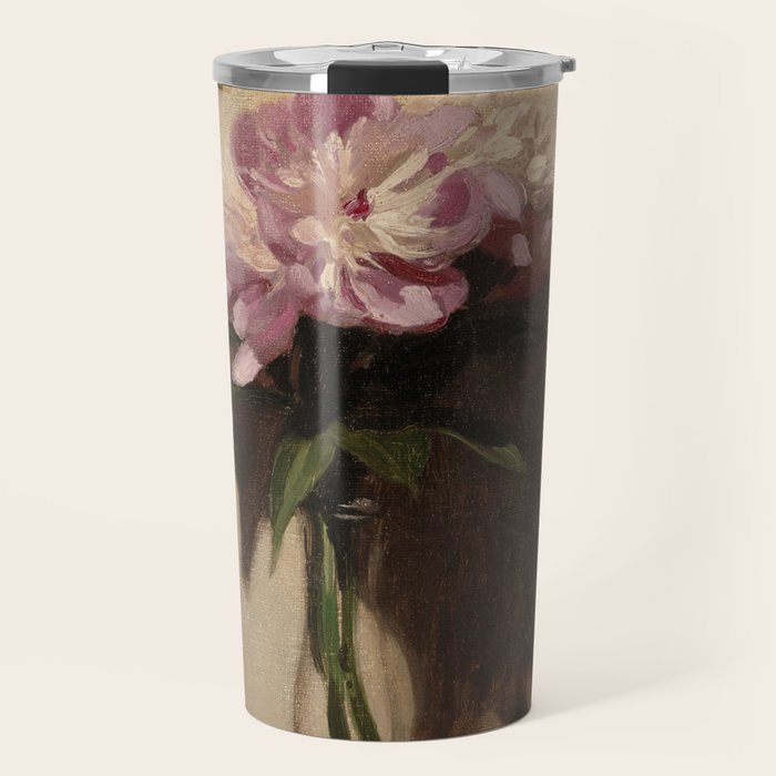 Vintage Still Life with Pink Peonies in Glass Vase Moody Floral Travel Mug Gallery Image 1