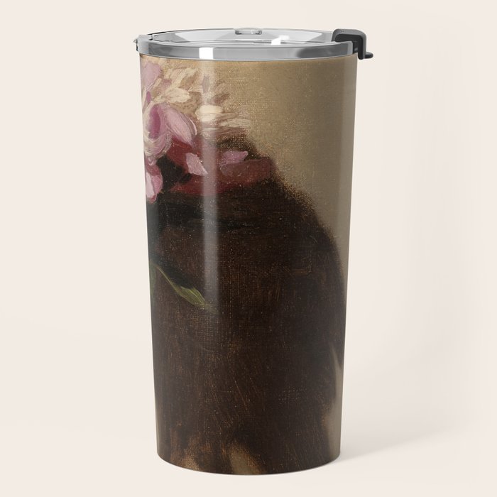 Vintage Still Life with Pink Peonies in Glass Vase Moody Floral Travel Mug Gallery Image 2