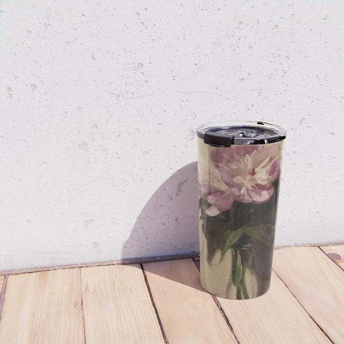 Vintage Still Life with Pink Peonies in Glass Vase Moody Floral Travel Mug Gallery Image 4