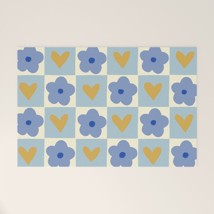 Blue floral checkerboard Welcome Mat Gallery Image 1