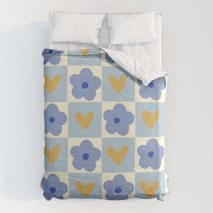 Blue floral checkerboard Duvet Cover Gallery Image 1