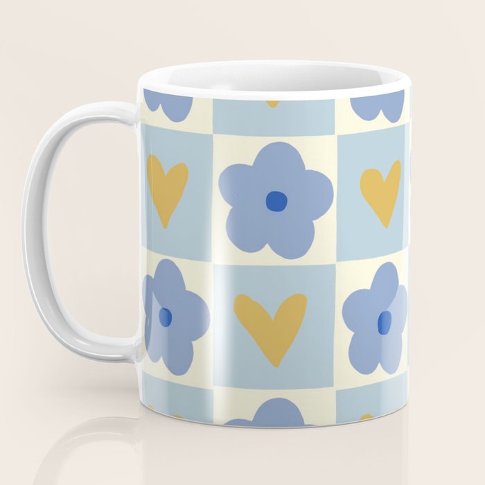 Blue floral checkerboard Coffee Mug Gallery Image 3