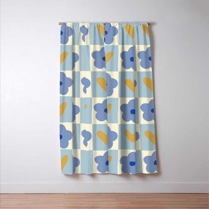 Blue floral checkerboard Window Curtain Gallery Image 3