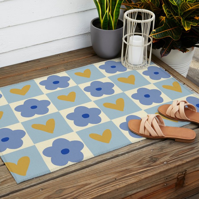 Blue floral checkerboard Outdoor Rug Gallery Image 2