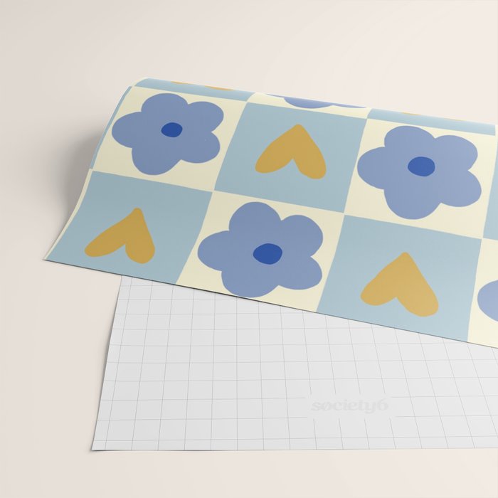 Blue floral checkerboard Wrapping Paper Gallery Image 2