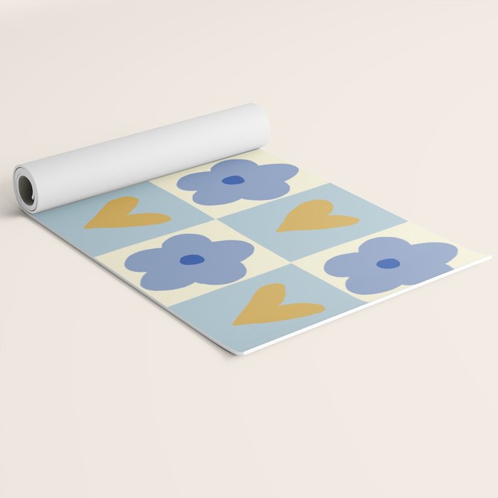 Blue floral checkerboard Yoga Mat Gallery Image 2