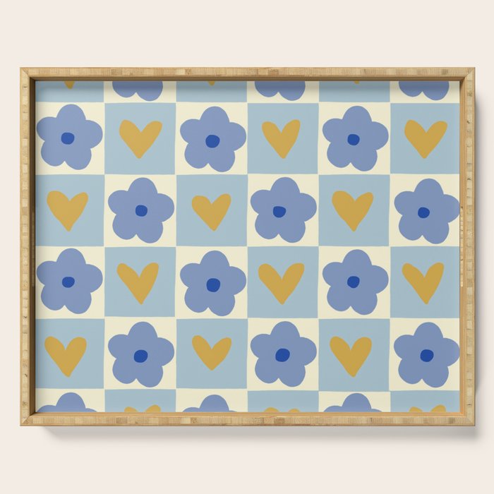 Blue floral checkerboard Serving Tray Gallery Image 1