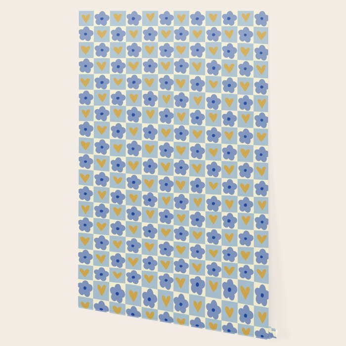 Blue floral checkerboard Wallpaper Gallery Image 2
