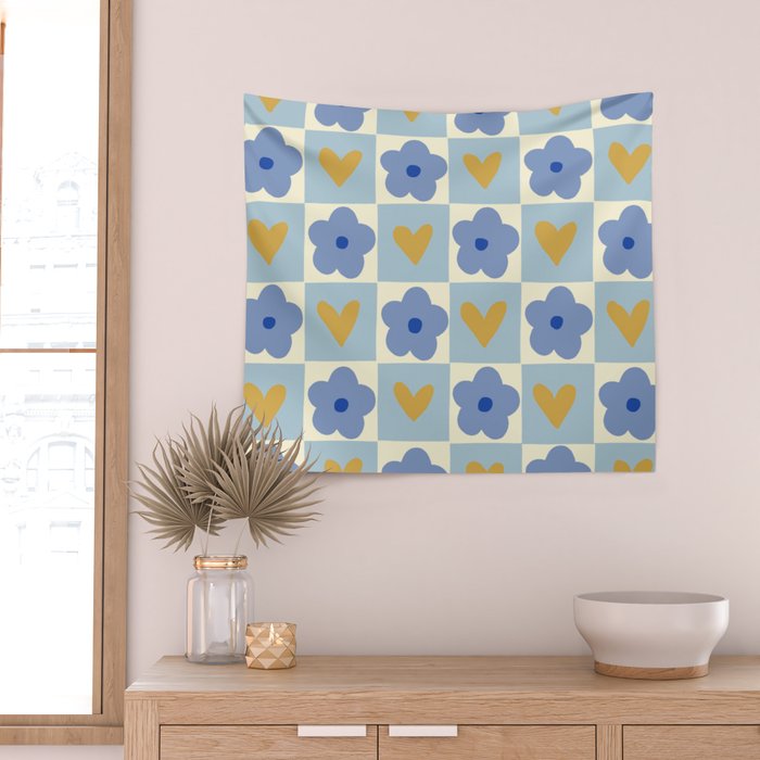 Blue floral checkerboard Wall Tapestry Gallery Image 2