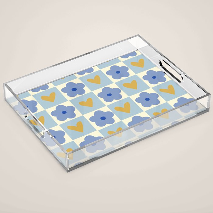 Blue floral checkerboard Acrylic Tray Gallery Image 1