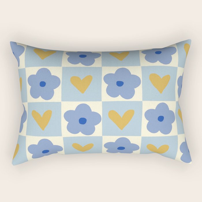 Blue floral checkerboard Rectangular Pillow Gallery Image 2