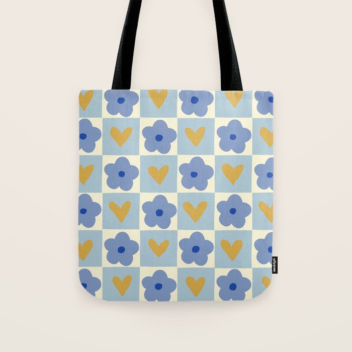Blue floral checkerboard Tote Bag Gallery Image 1