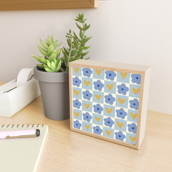 Blue floral checkerboard Mini Art Print Gallery Image 2