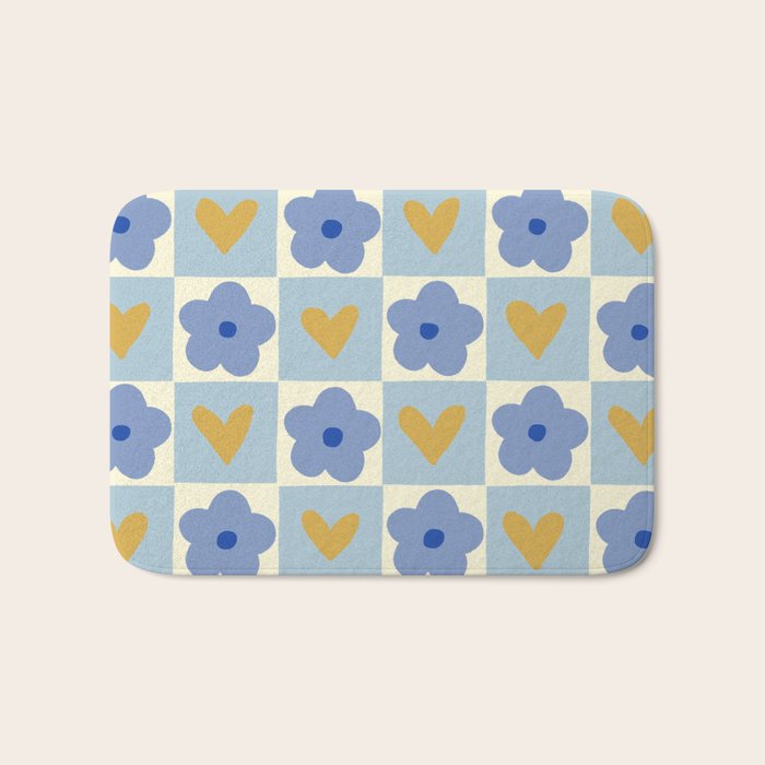 Blue floral checkerboard Bath Mat Gallery Image 1