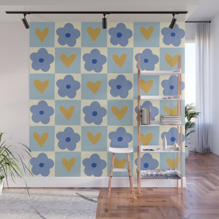 Blue floral checkerboard Wall Mural Gallery Image 1