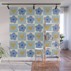 Blue floral checkerboard Wall Mural Gallery Image 1