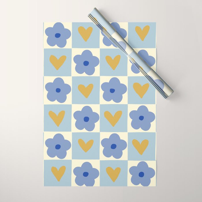 Blue floral checkerboard Wrapping Paper Gallery Image 1