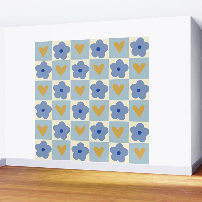 Blue floral checkerboard Wall Mural Gallery Image 2