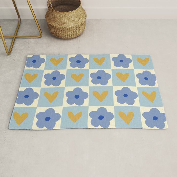 Blue floral checkerboard Rug Gallery Image 1