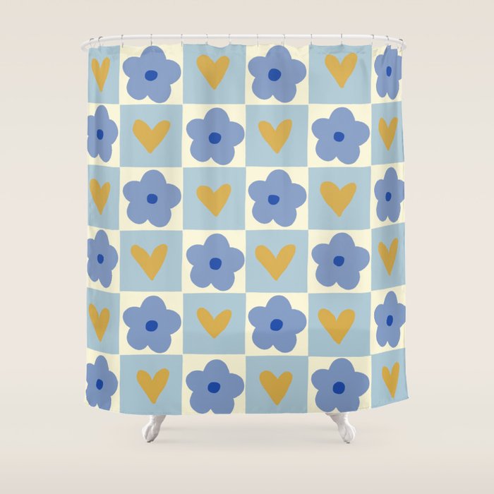 Blue floral checkerboard Shower Curtain Gallery Image 1