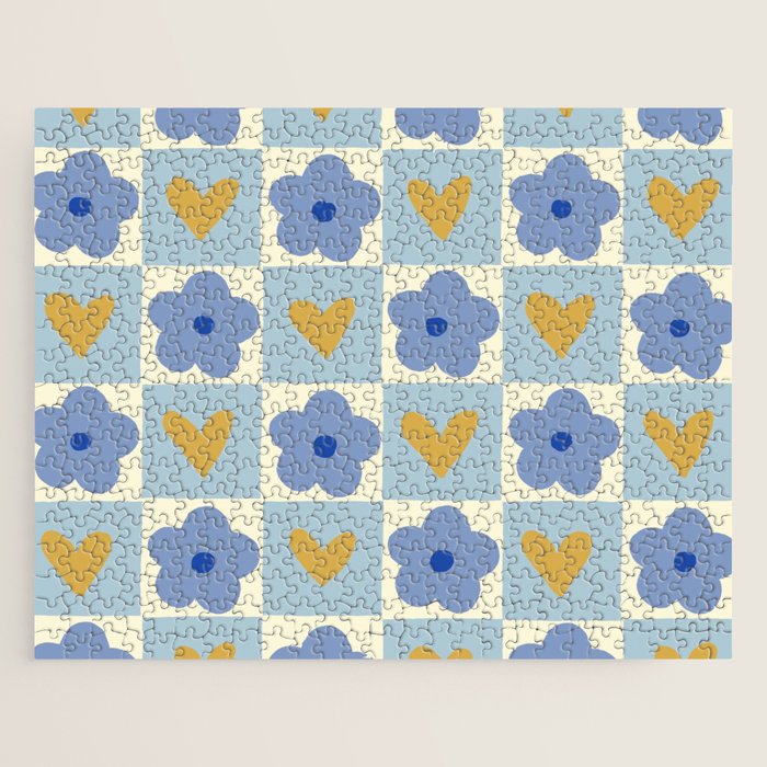 Blue floral checkerboard Jigsaw Puzzle Gallery Image 1