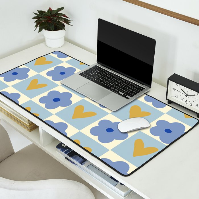 Blue floral checkerboard Desk Mat Gallery Image 2