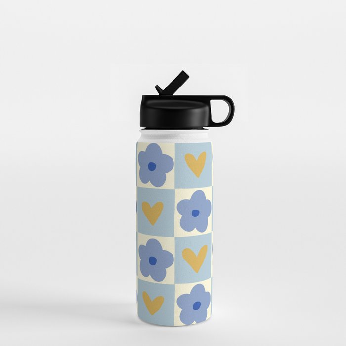Blue floral checkerboard Water Bottle Gallery Image 1