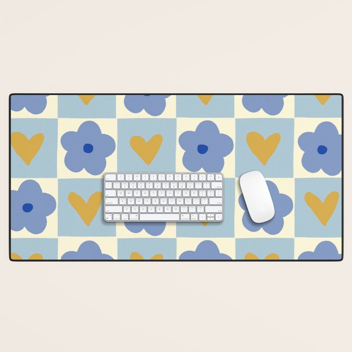 Blue floral checkerboard Desk Mat Gallery Image 1