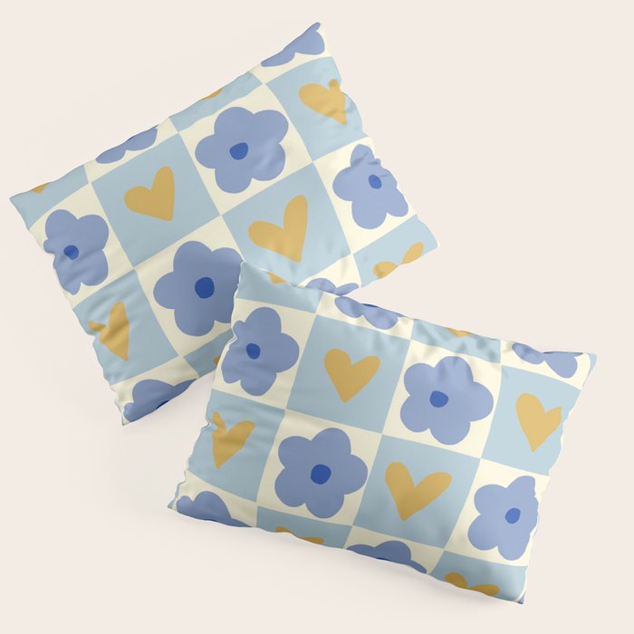 Blue floral checkerboard Pillow Sham Gallery Image 1